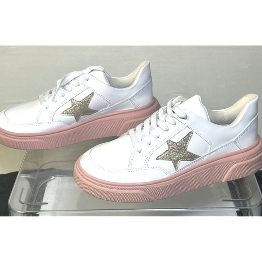 MKS Women's Size 10 White Pink Platform Sneakers Glitter Star Casual Shoes